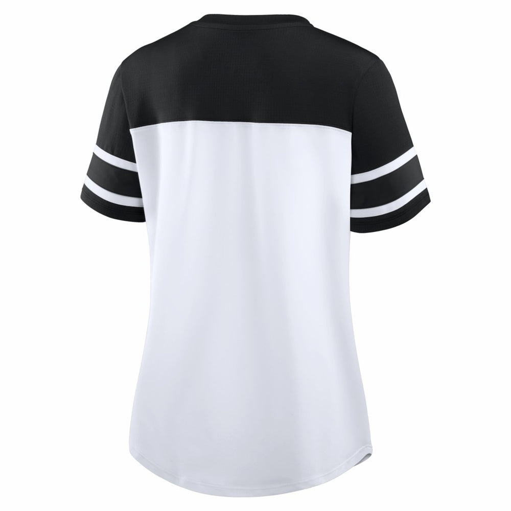 New Orleans Saints Women's Athena Rhinestone Lace-Up V-Neck T-Shirt White/Black - Fanatics
