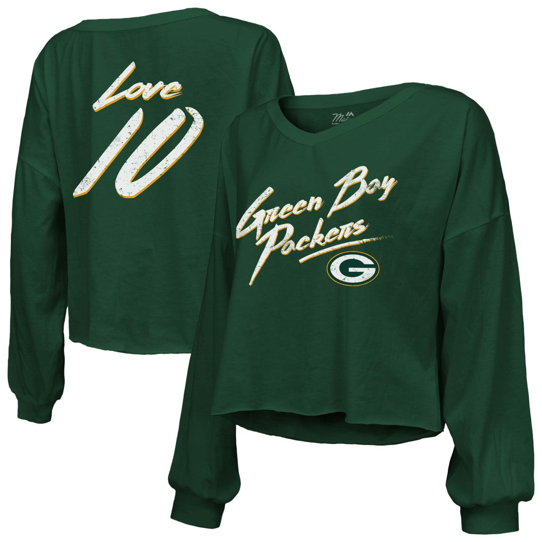 Jordan Love Green Bay Packers Majestic Threads Women's Name & Number Off-Shoulder Script Cropped Long Sleeve Relaxed V-Neck T-Shirt Green - NFL