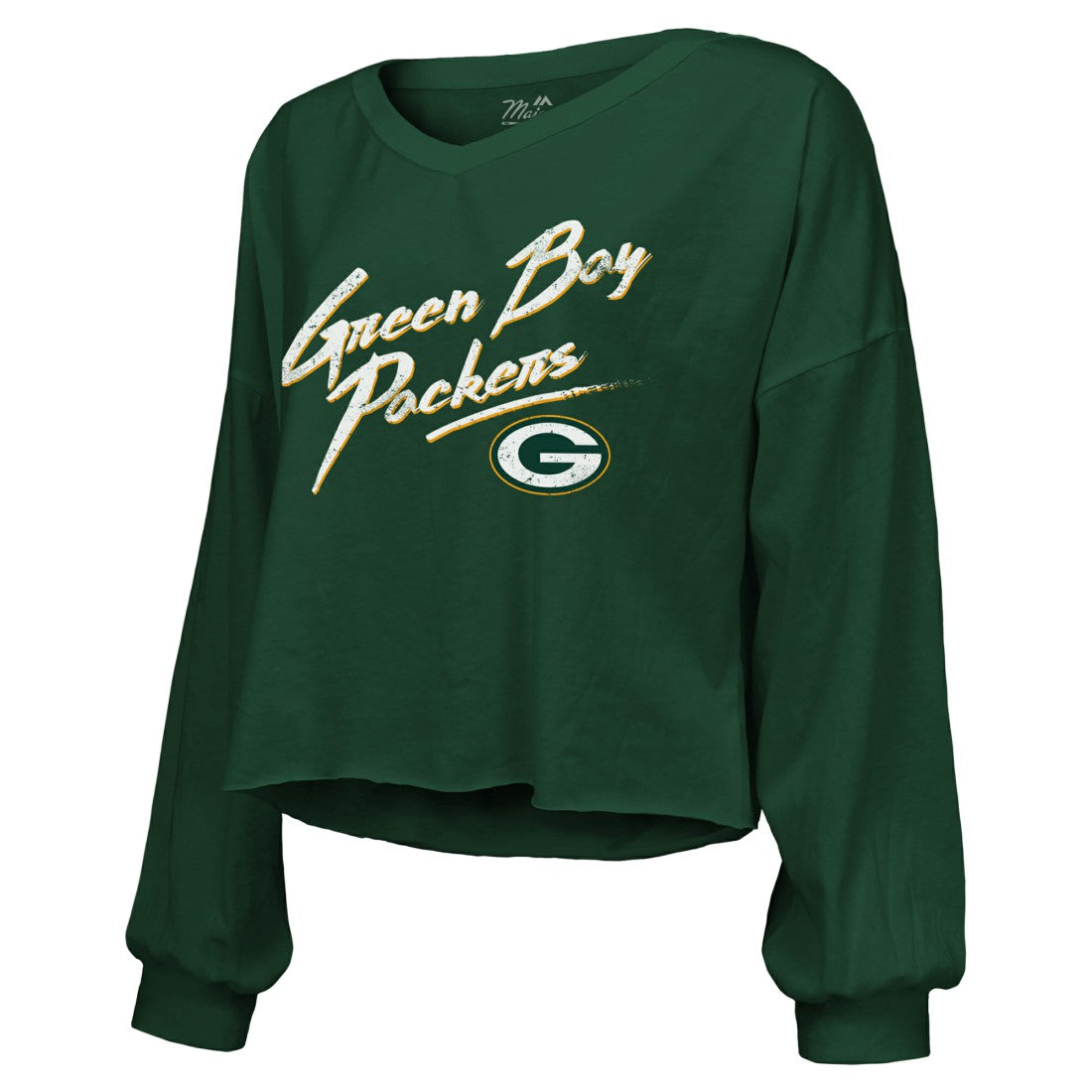 Jordan Love Green Bay Packers Majestic Threads Women's Name & Number Off-Shoulder Script Cropped Long Sleeve Relaxed V-Neck T-Shirt Green - NFL