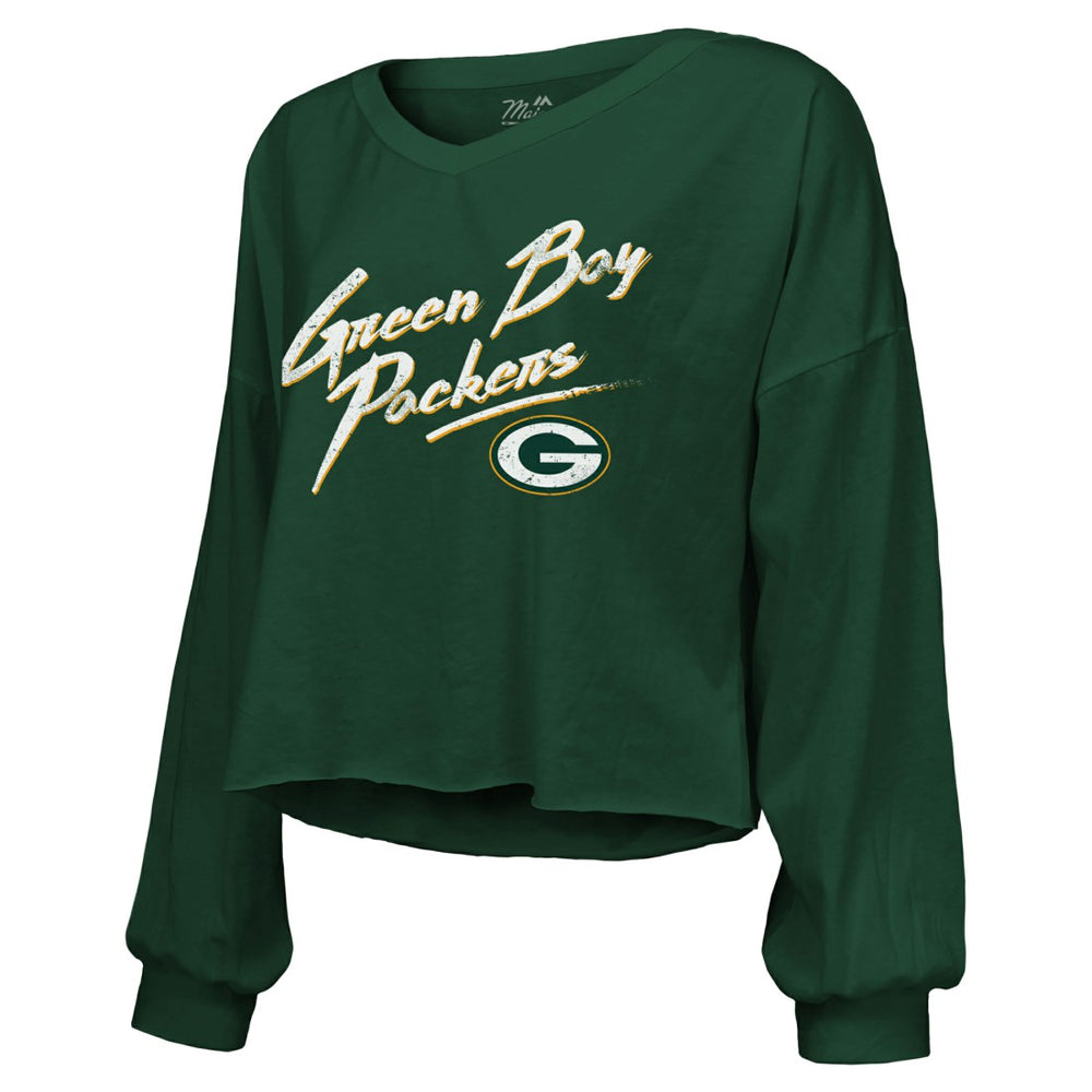 Jordan Love Green Bay Packers Majestic Threads Women's Name & Number Off-Shoulder Script Cropped Long Sleeve Relaxed V-Neck T-Shirt Green - NFL