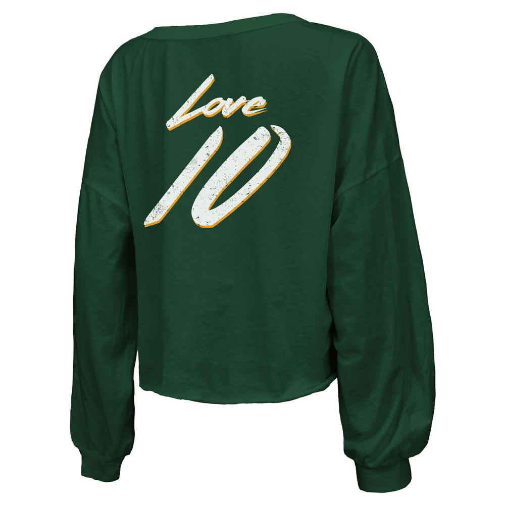 Jordan Love Green Bay Packers Majestic Threads Women's Name & Number Off-Shoulder Script Cropped Long Sleeve Relaxed V-Neck T-Shirt Green - NFL