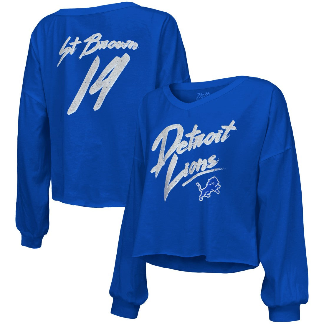 Amon-Ra St. Brown Detroit Lions Majestic Threads Women's Name & Number Off-Shoulder Script Cropped Long Sleeve Relaxed V-Neck T-Shirt Blue - NFL