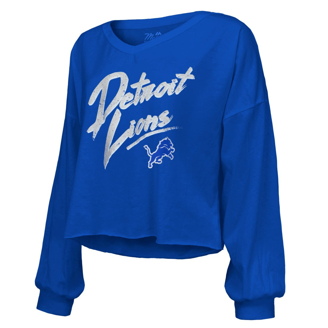 Amon-Ra St. Brown Detroit Lions Majestic Threads Women's Name & Number Off-Shoulder Script Cropped Long Sleeve Relaxed V-Neck T-Shirt Blue - NFL