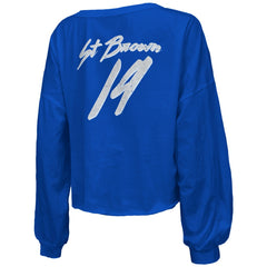 Amon-Ra St. Brown Detroit Lions Majestic Threads Women's Name & Number Off-Shoulder Script Cropped Long Sleeve Relaxed V-Neck T-Shirt Blue - NFL