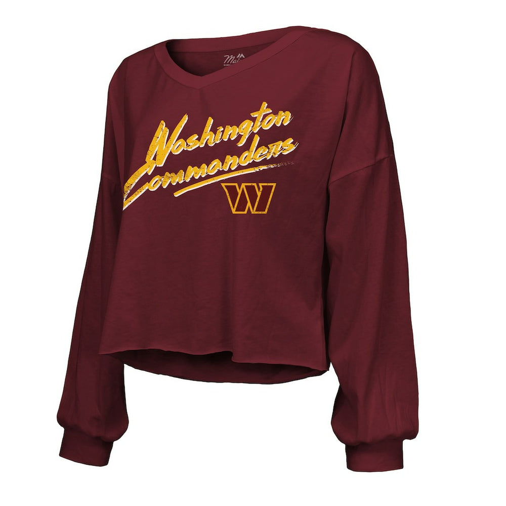 Jayden Daniels Washington Commanders Majestic Threads Women's Name & Number Off-Shoulder Script Cropped Long Sleeve Relaxed V-Neck T-Shirt Burgundy - NFL