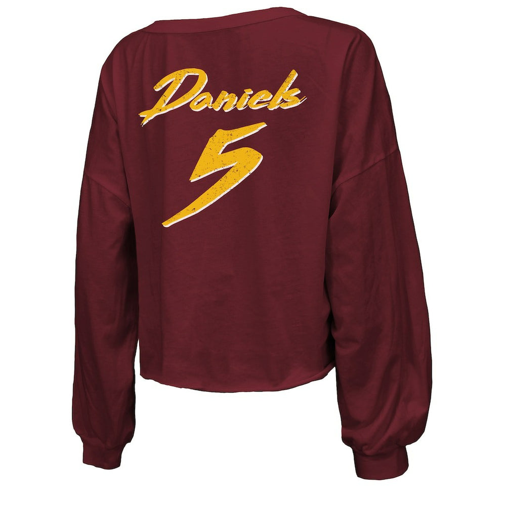 Jayden Daniels Washington Commanders Majestic Threads Women's Name & Number Off-Shoulder Script Cropped Long Sleeve Relaxed V-Neck T-Shirt Burgundy - NFL
