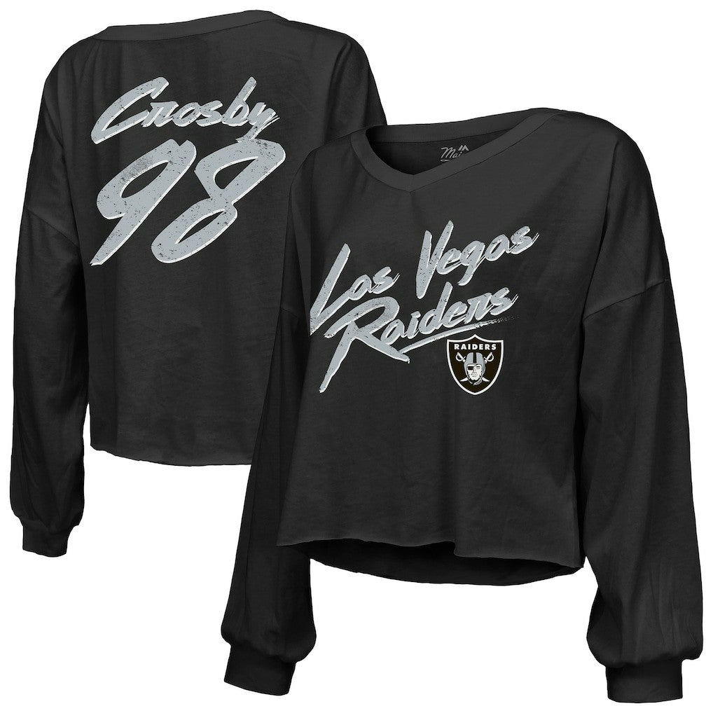 Maxx Crosby Las Vegas Raiders Majestic Threads Women's Name & Number Off-Shoulder Script Cropped Long Sleeve Relaxed V-Neck T-Shirt Black - NFL