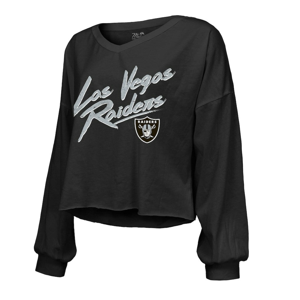 Maxx Crosby Las Vegas Raiders Majestic Threads Women's Name & Number Off-Shoulder Script Cropped Long Sleeve Relaxed V-Neck T-Shirt Black - NFL