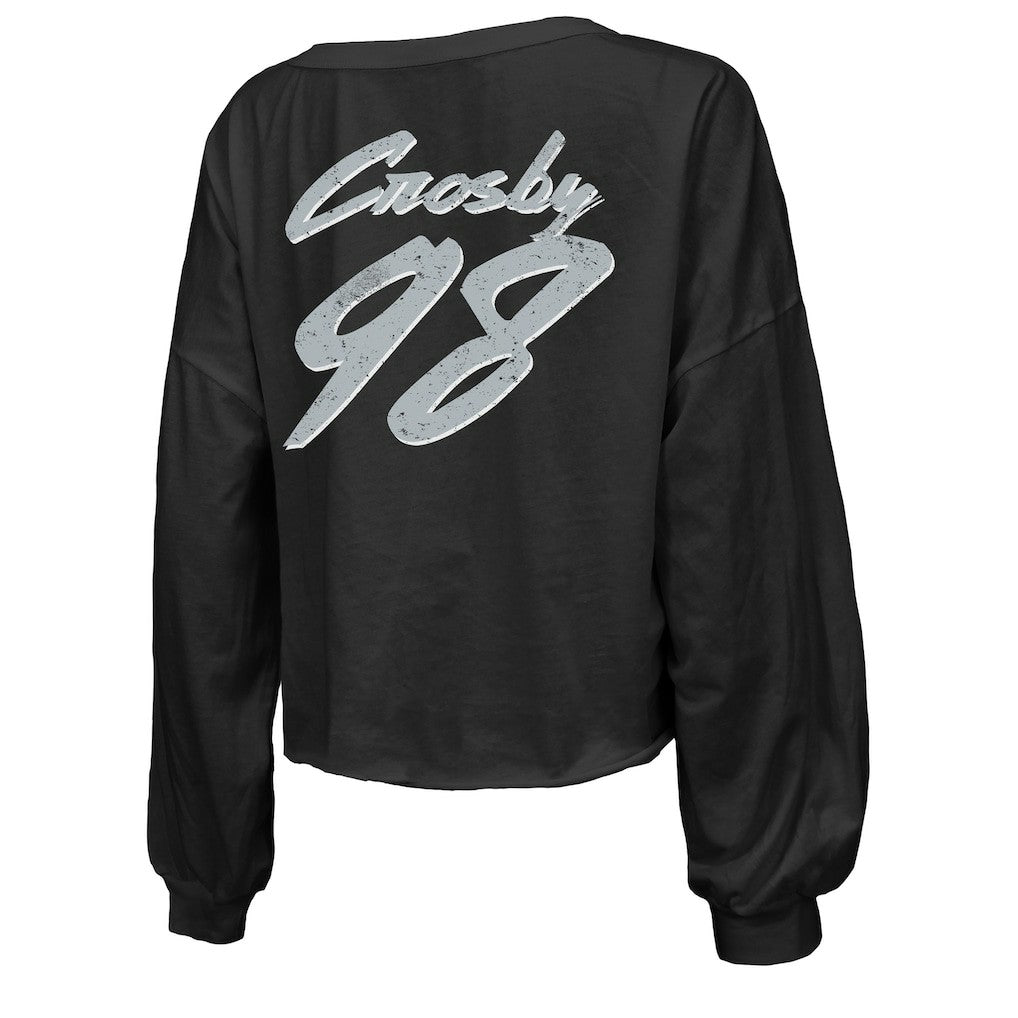Maxx Crosby Las Vegas Raiders Majestic Threads Women's Name & Number Off-Shoulder Script Cropped Long Sleeve Relaxed V-Neck T-Shirt Black - NFL