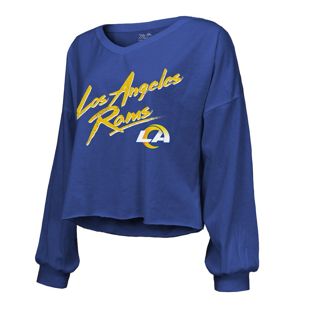 Puka Nacua Los Angeles Rams Majestic Threads Women's Off-Shoulder Script Player Name & Number Cropped Long Sleeve V-Neck T-Shirt Royal - NFL
