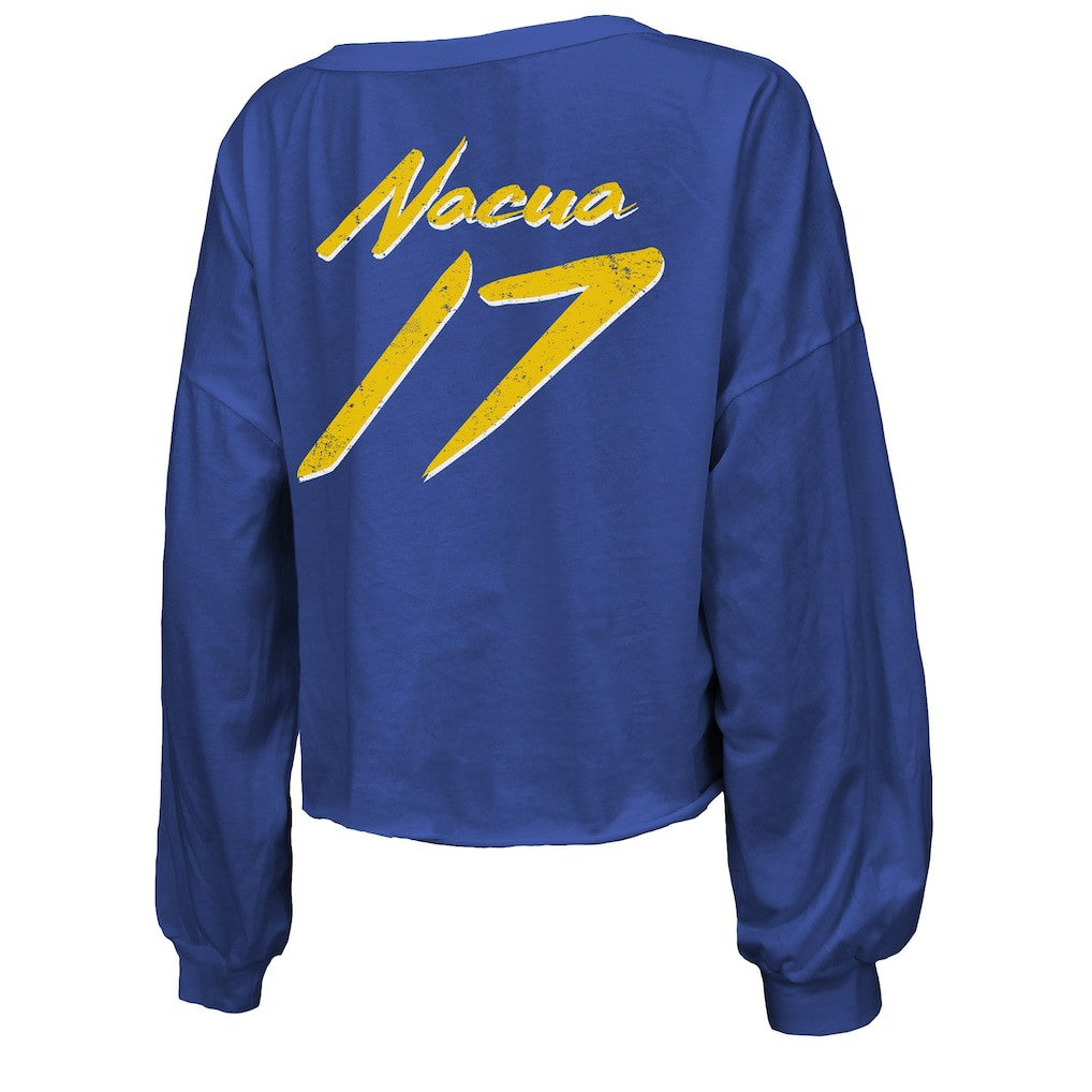 Puka Nacua Los Angeles Rams Majestic Threads Women's Off-Shoulder Script Player Name & Number Cropped Long Sleeve V-Neck T-Shirt Royal - NFL