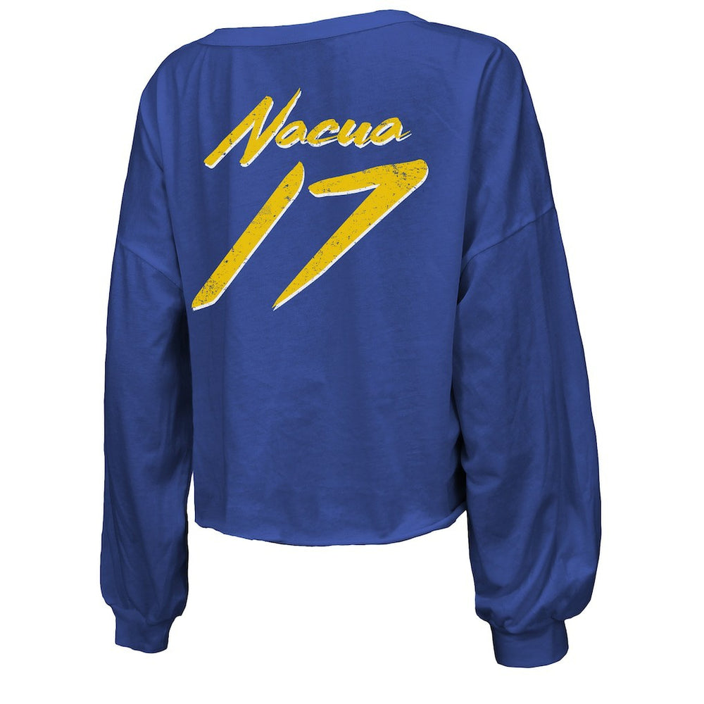 Puka Nacua Los Angeles Rams Majestic Threads Women's Off-Shoulder Script Player Name & Number Cropped Long Sleeve V-Neck T-Shirt Royal - NFL