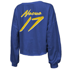 Puka Nacua Los Angeles Rams Majestic Threads Women's Off-Shoulder Script Player Name & Number Cropped Long Sleeve V-Neck T-Shirt Royal - NFL
