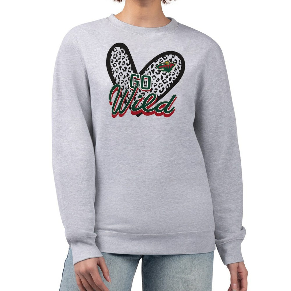 Minnesota Wild - G-III 4Her by Carl Banks Women's Animal Print Heart Fleece Pullover Sweatshirt Heather Gray