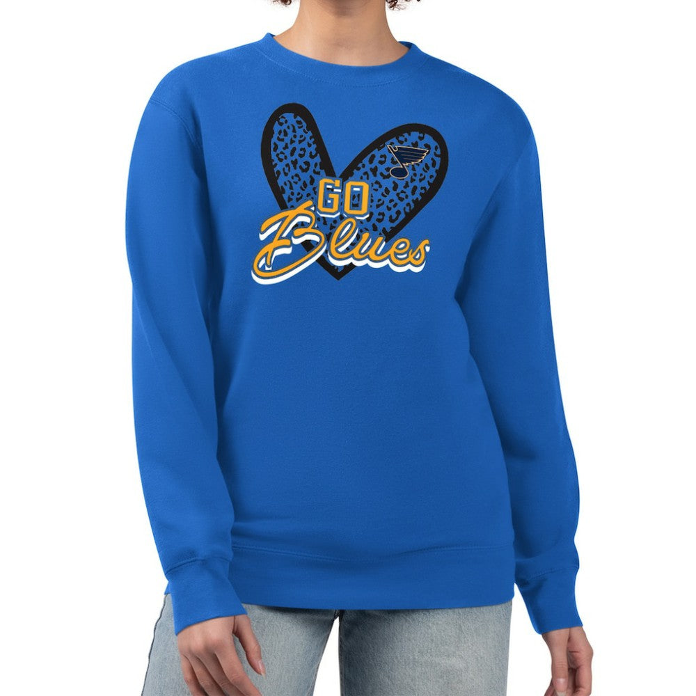 St. Louis Blues - G-III 4Her by Carl Banks Women's Animal Print Heart Fleece Pullover Sweatshirt Blue