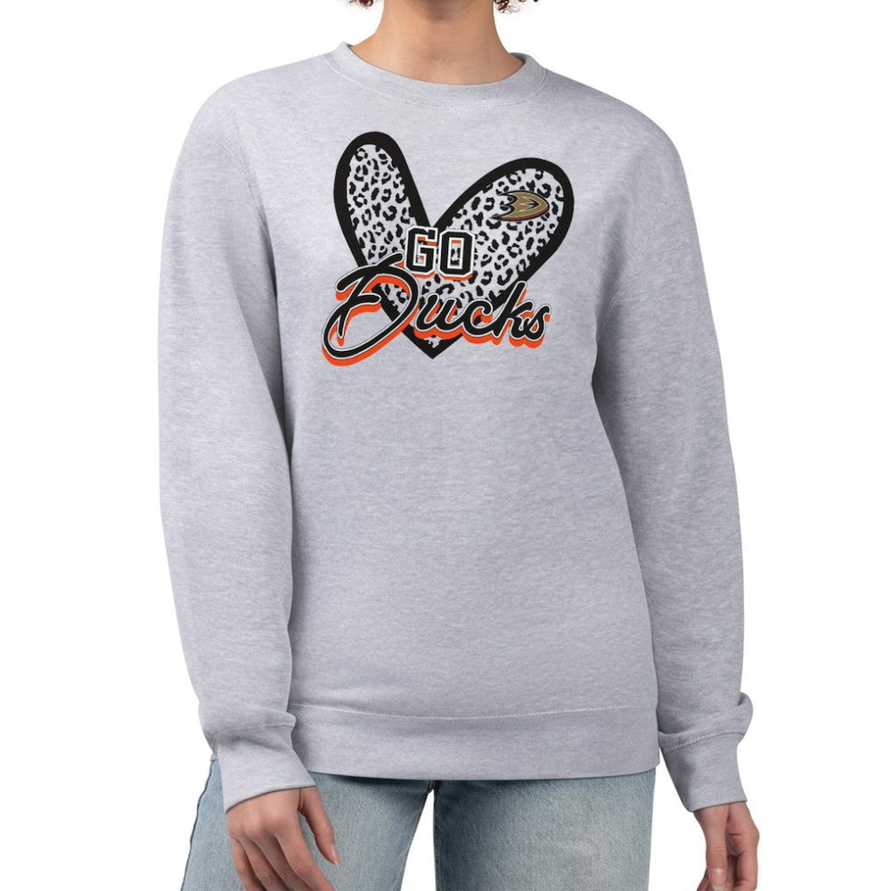 Anaheim Ducks - G-III 4Her by Carl Banks Women's Animal Print Heart Fleece Pullover Sweatshirt Heather Gray