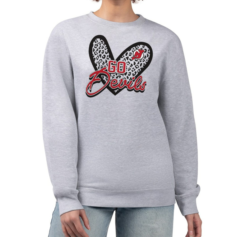 New Jersey Devils - G-III 4Her by Carl Banks Women's Animal Print Heart Fleece Pullover Sweatshirt Heather Gray
