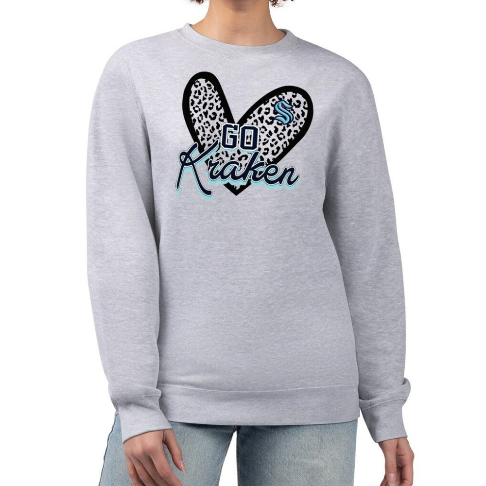 Seattle Kraken G-III 4Her by Carl Banks Women's Animal Print Heart Fleece Pullover Sweatshirt Heather Gray