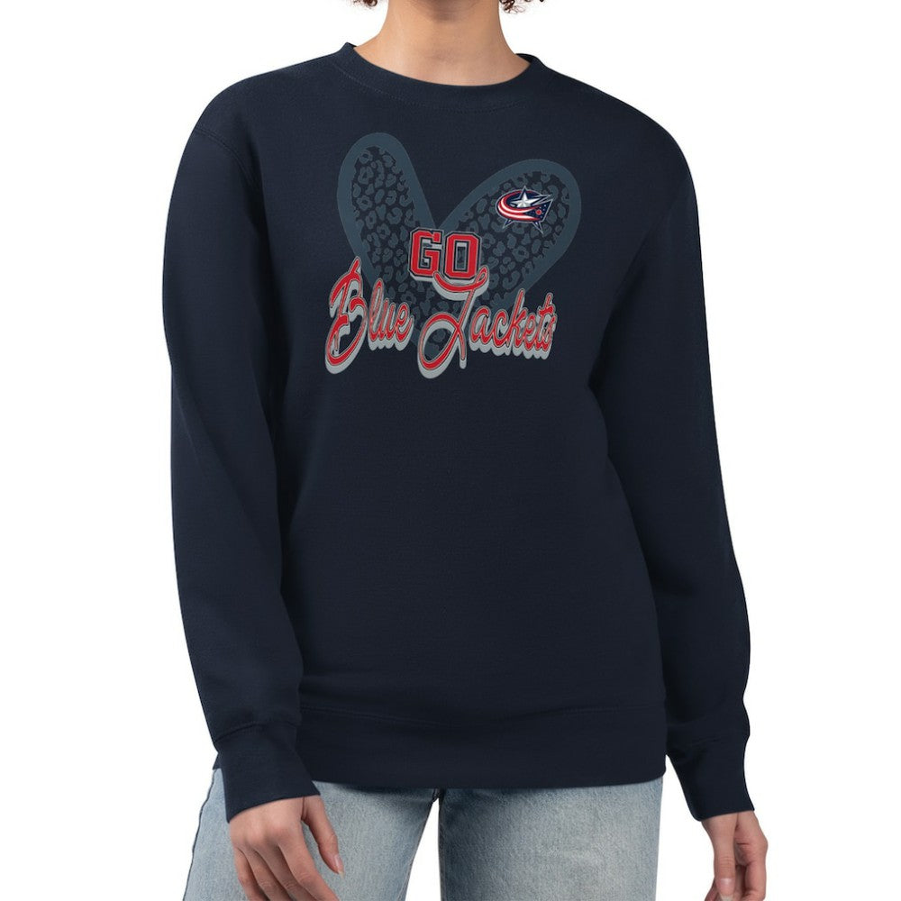 Columbus Blue Jackets - G-III 4Her by Carl Banks Women's Animal Print Heart Fleece Pullover Sweatshirt Navy