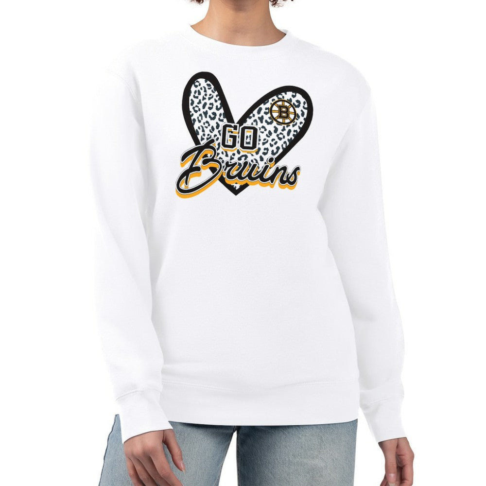 Boston Bruins G-III 4Her by Carl Banks Women's Animal Print Heart Fleece Pullover Sweatshirt White