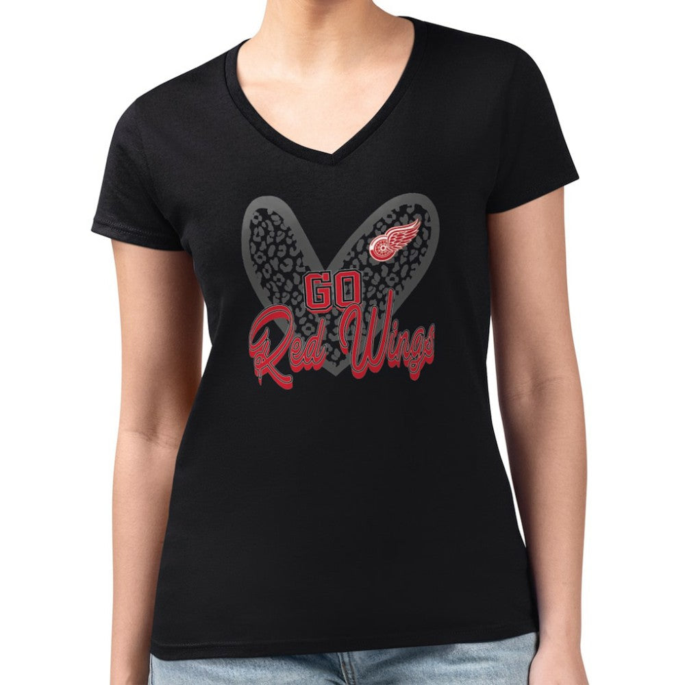 Detroit Red Wings - G-III 4Her by Carl Banks Women's Super-Slim Fit Lightweight Animal Print Heart V-Neck T-Shirt Black