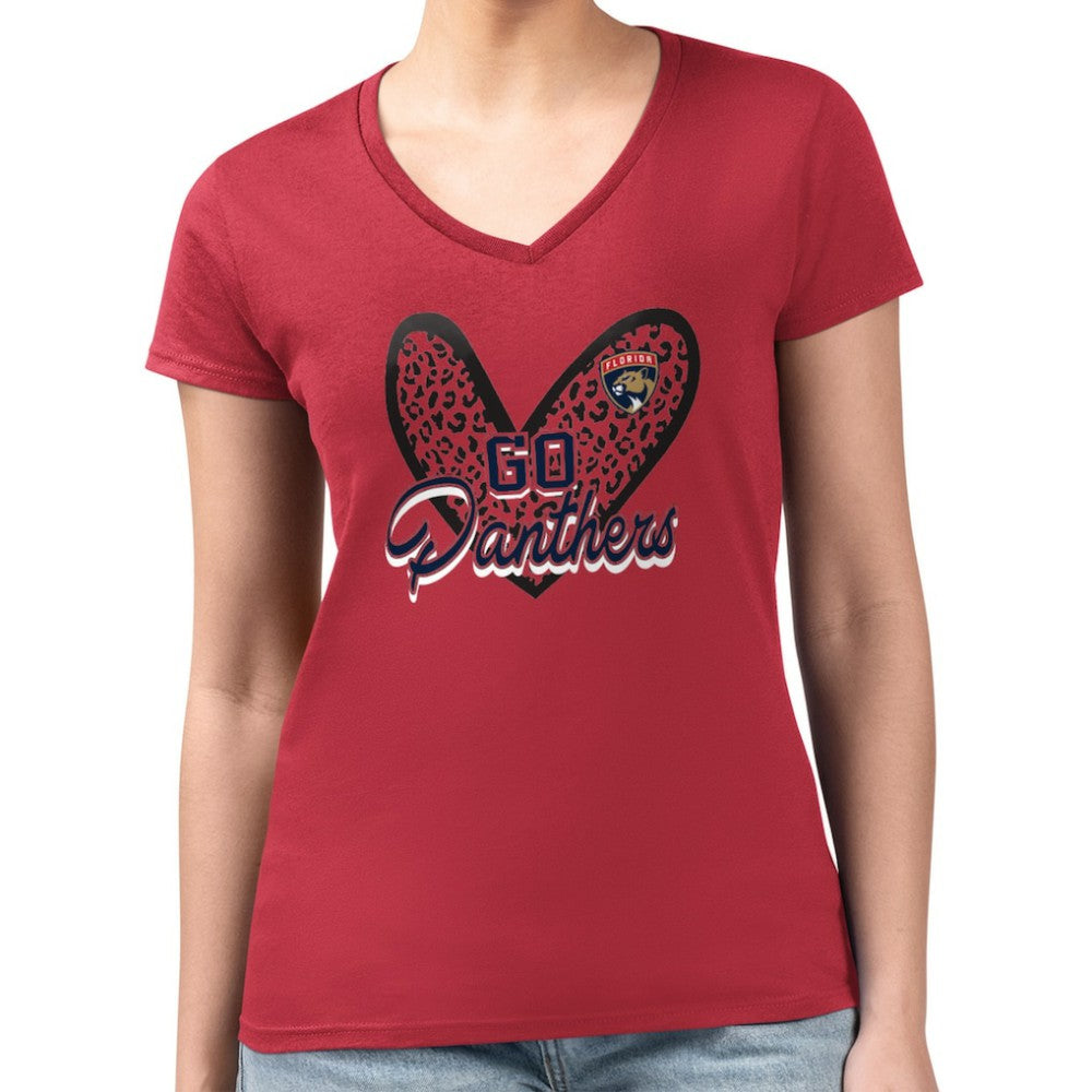 Florida Panthers - G-III 4Her by Carl Banks Women's Super-Slim Fit Lightweight Animal Print Heart V-Neck T-Shirt Red