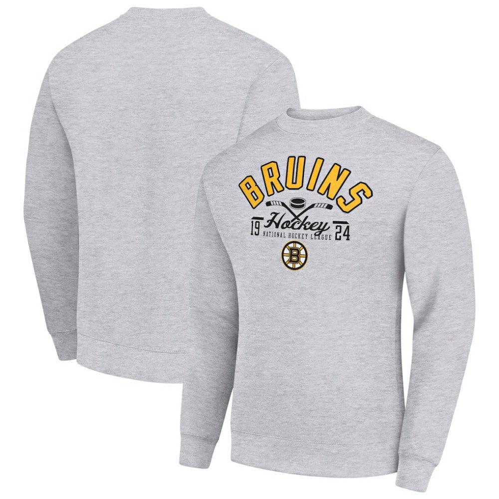 Boston Bruins Starter Stick And Puck Logo Fleece Pullover Sweatshirt Heather Gray