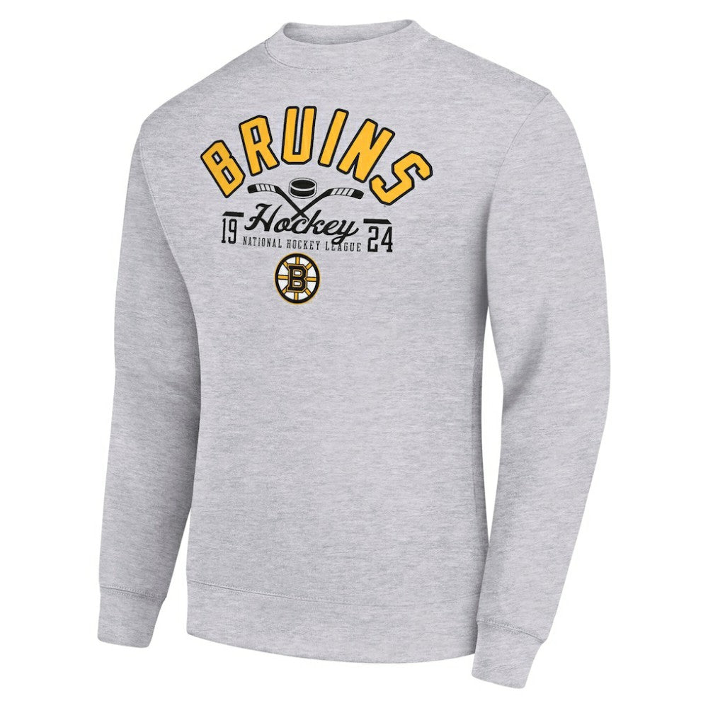 Boston Bruins Starter Stick And Puck Logo Fleece Pullover Sweatshirt Heather Gray