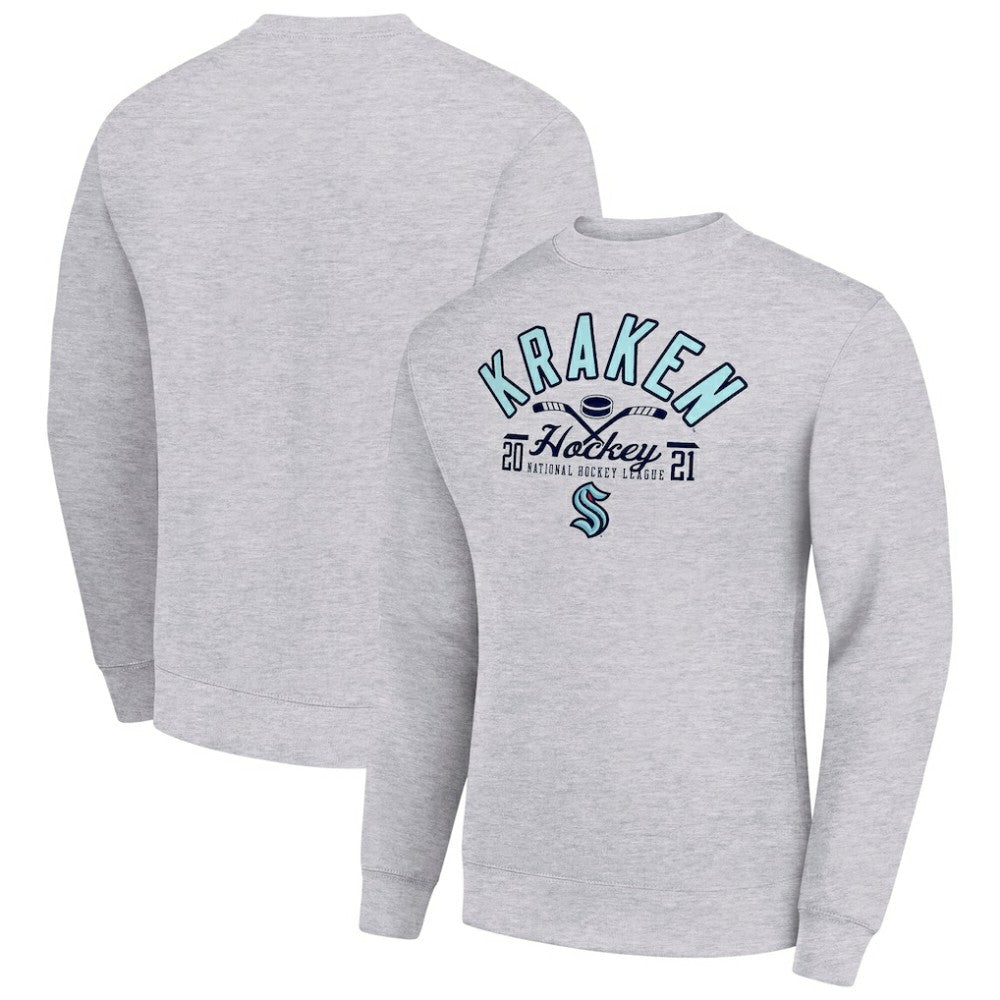Seattle Kraken Starter Stick And Puck Logo Fleece Pullover Sweatshirt Heather Gray
