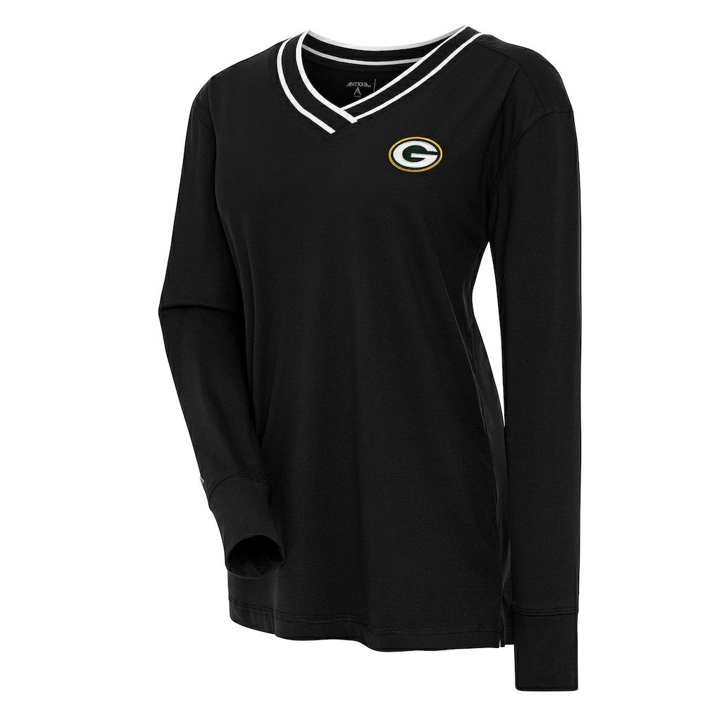 Green Bay Packers Antigua Women's Symbolic Long Sleeve V-Neck Top Black - NFL