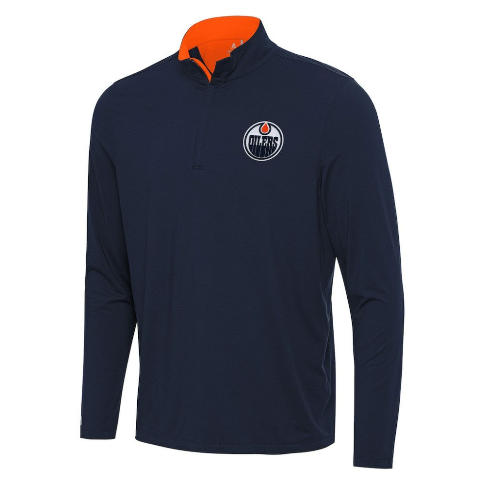 Edmonton Oilers - Antigua Content Quarter-Zip Pullover Top Navy/Orange