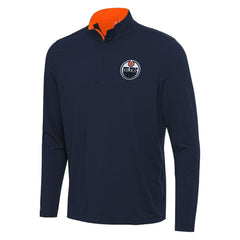 Edmonton Oilers - Antigua Content Quarter-Zip Pullover Top Navy/Orange