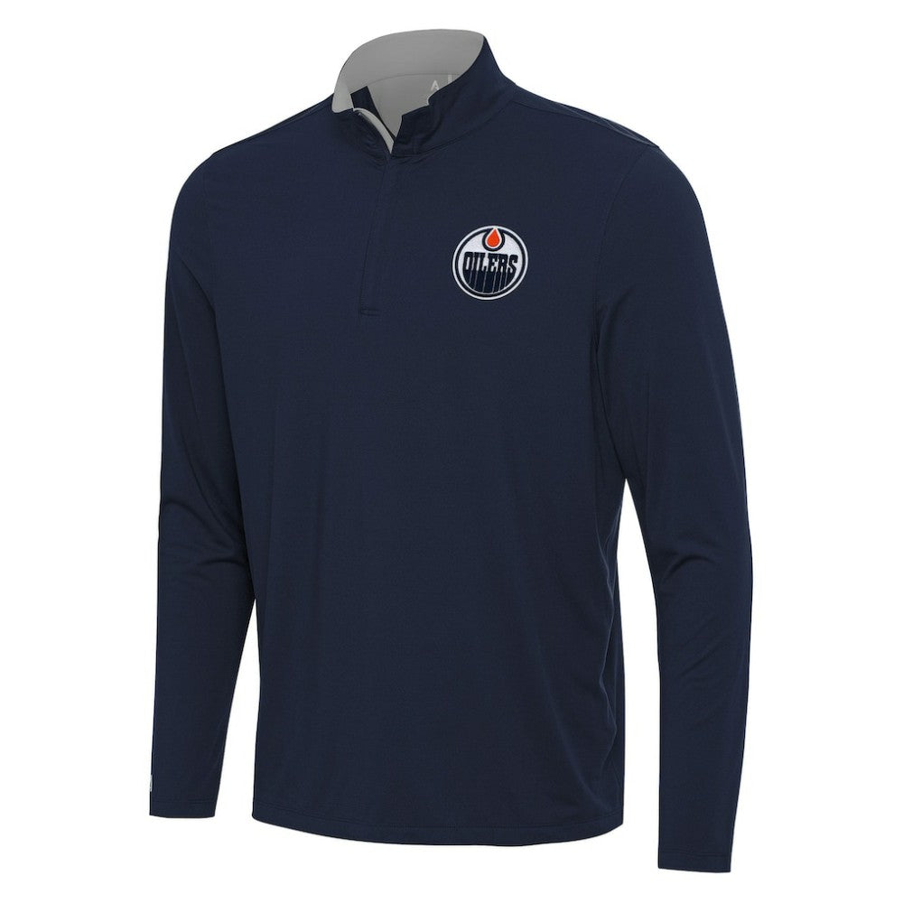 Edmonton Oilers - Antigua Content Quarter-Zip Pullover Top Navy/Gray