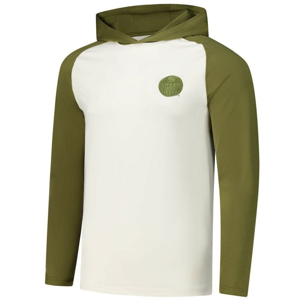 Edmonton Oilers - Antigua Intrepid Sand Raglan Long Sleeve Hoodie T-Shirt Cream/Olive