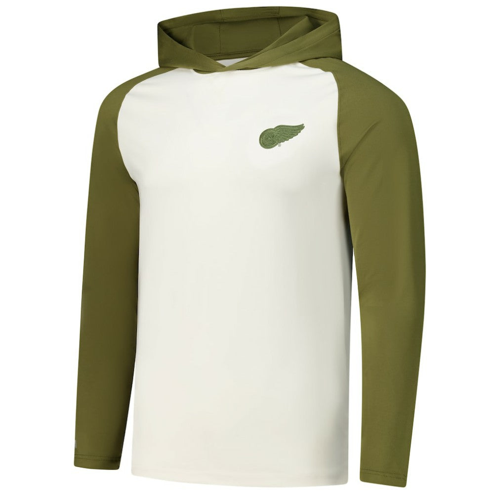 Detroit Red Wings - Antigua Intrepid Sand Raglan Long Sleeve Hoodie T-Shirt Cream/Olive