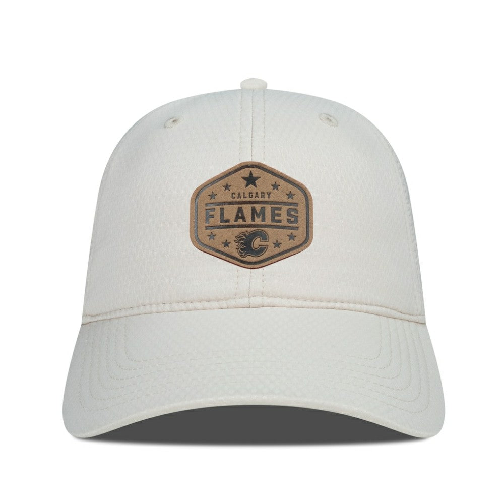Calgary Flames - Men's Levelwear Faux Leather Patch Unstructured Adjustable Hat Cream