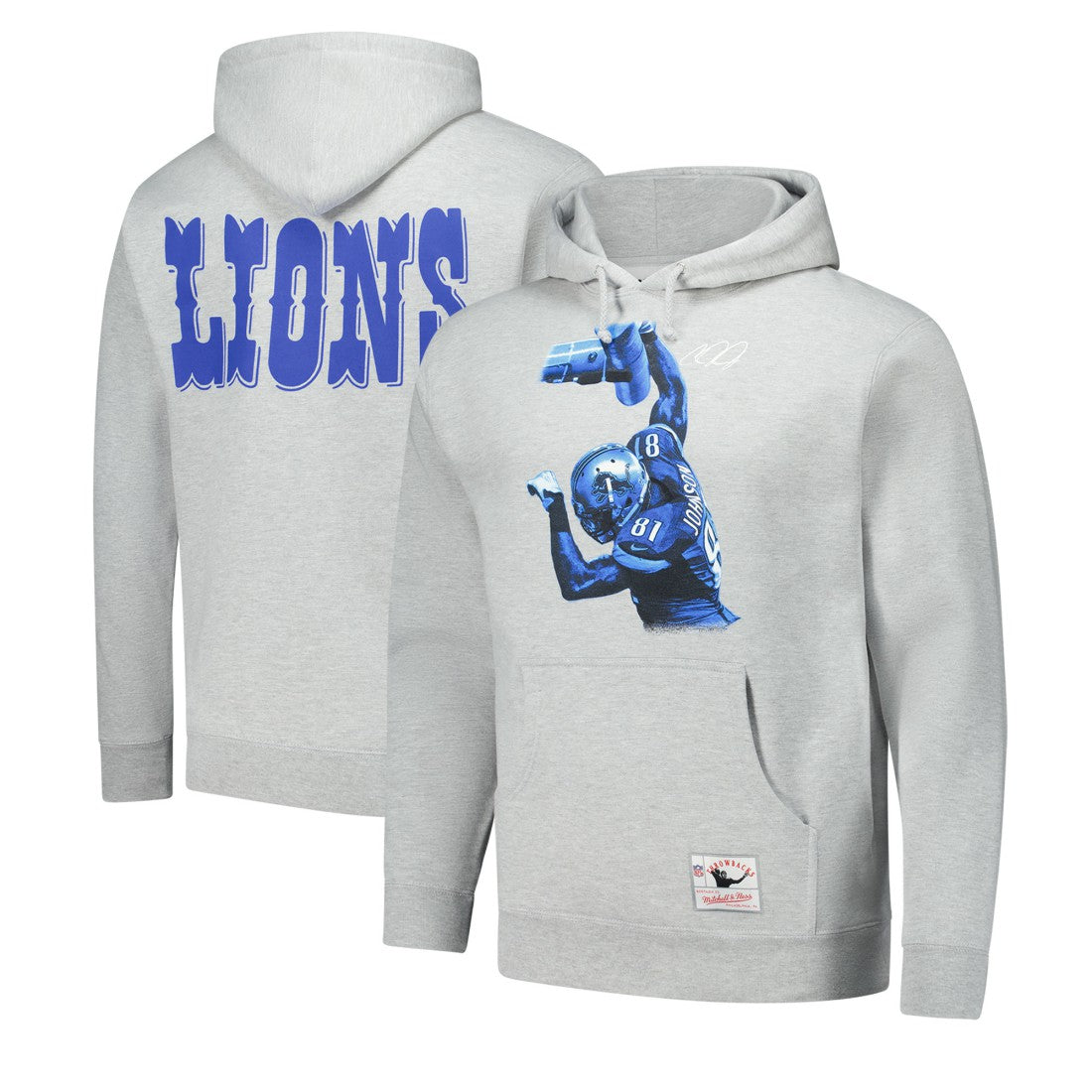 Calvin Johnson Detroit Lions Hall of Fame Player Graphic Pullover Hoodie Heather Gray - Mitchell & Ness
