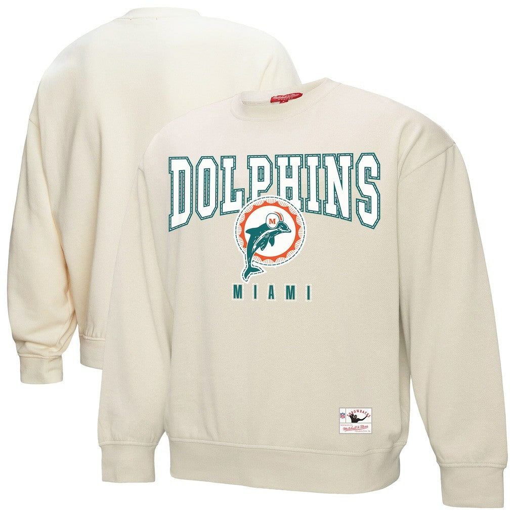 Miami Dolphins Women's Fandom Fleece Pullover Sweatshirt Cream - Mitchell & Ness
