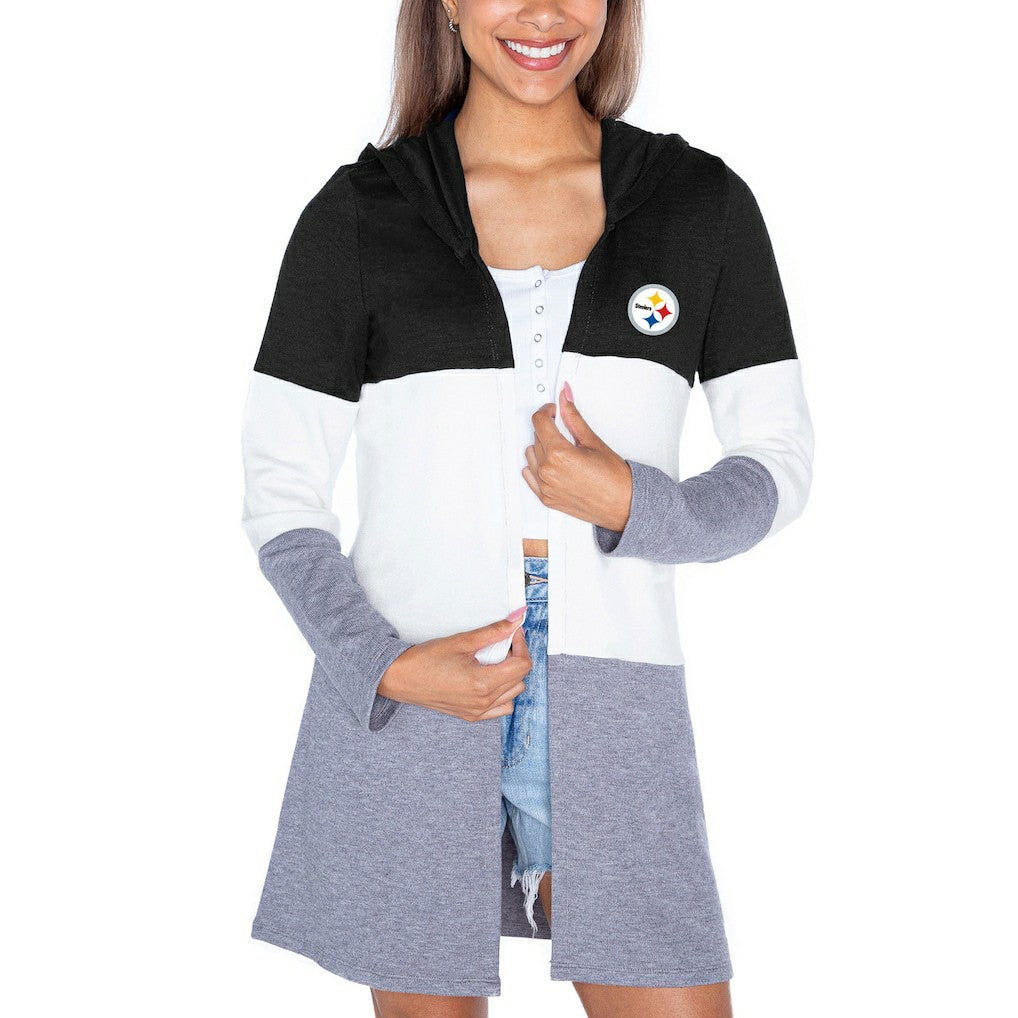 Pittsburgh Steelers Gameday Couture Women's Tri-Blend Color Block Lightweight Cardigan Hoodie Black - NFL