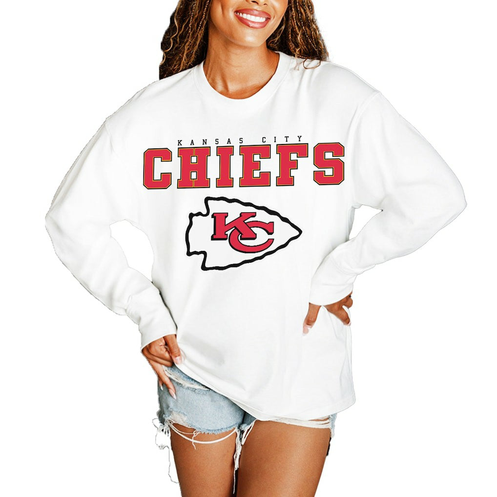 Kansas City Chiefs Gameday Couture Women's Big Goals Oversized Long Sleeve T-Shirt White - NFL