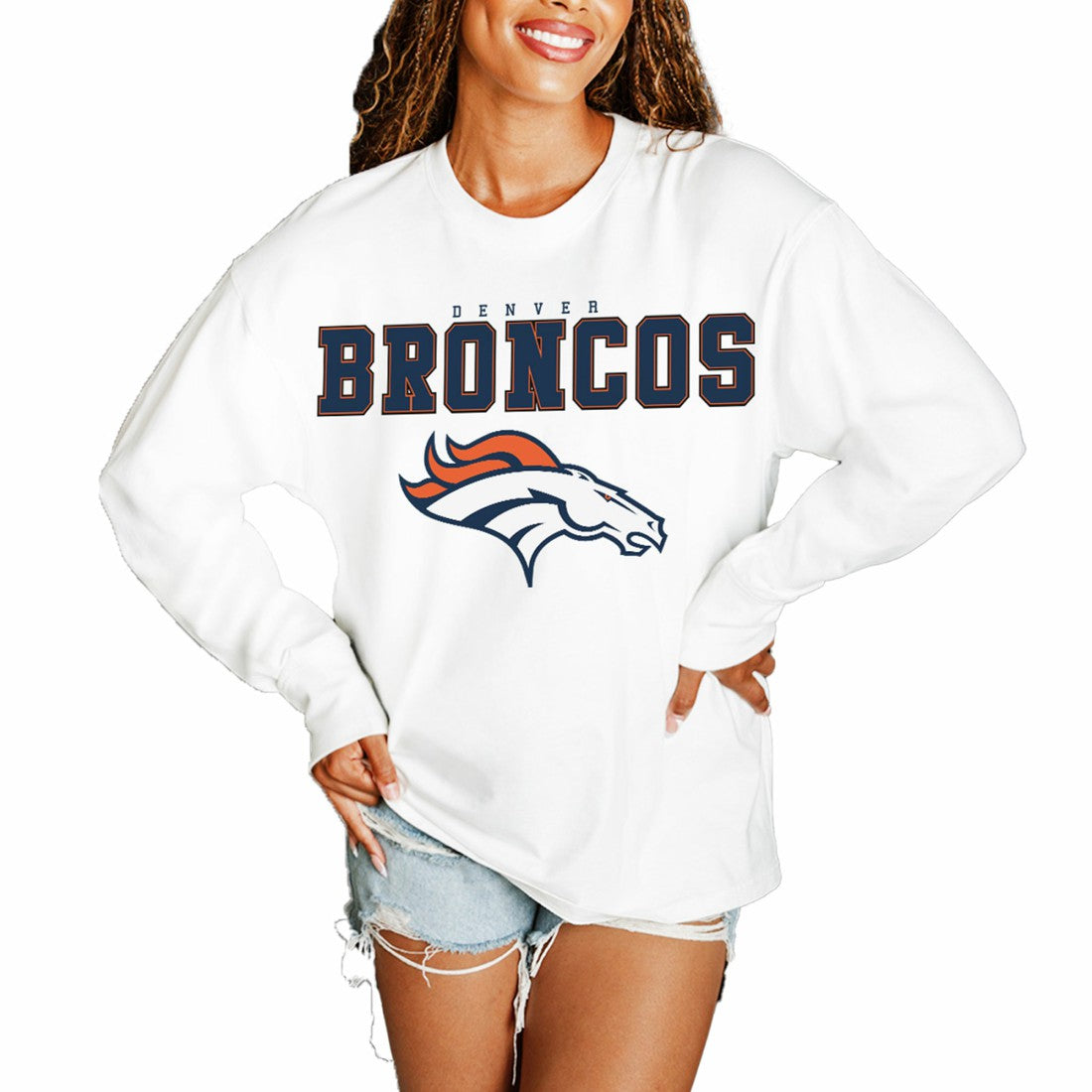 Denver Broncos Gameday Couture Women's Big Goals Oversized Long Sleeve T-Shirt White - NFL