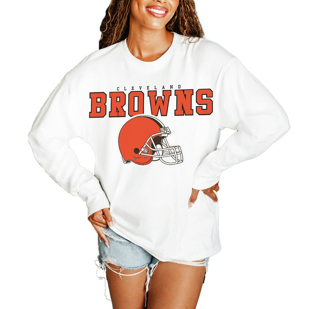 Cleveland Browns Gameday Couture Women's Big Goals Oversized Long Sleeve T-Shirt White - NFL