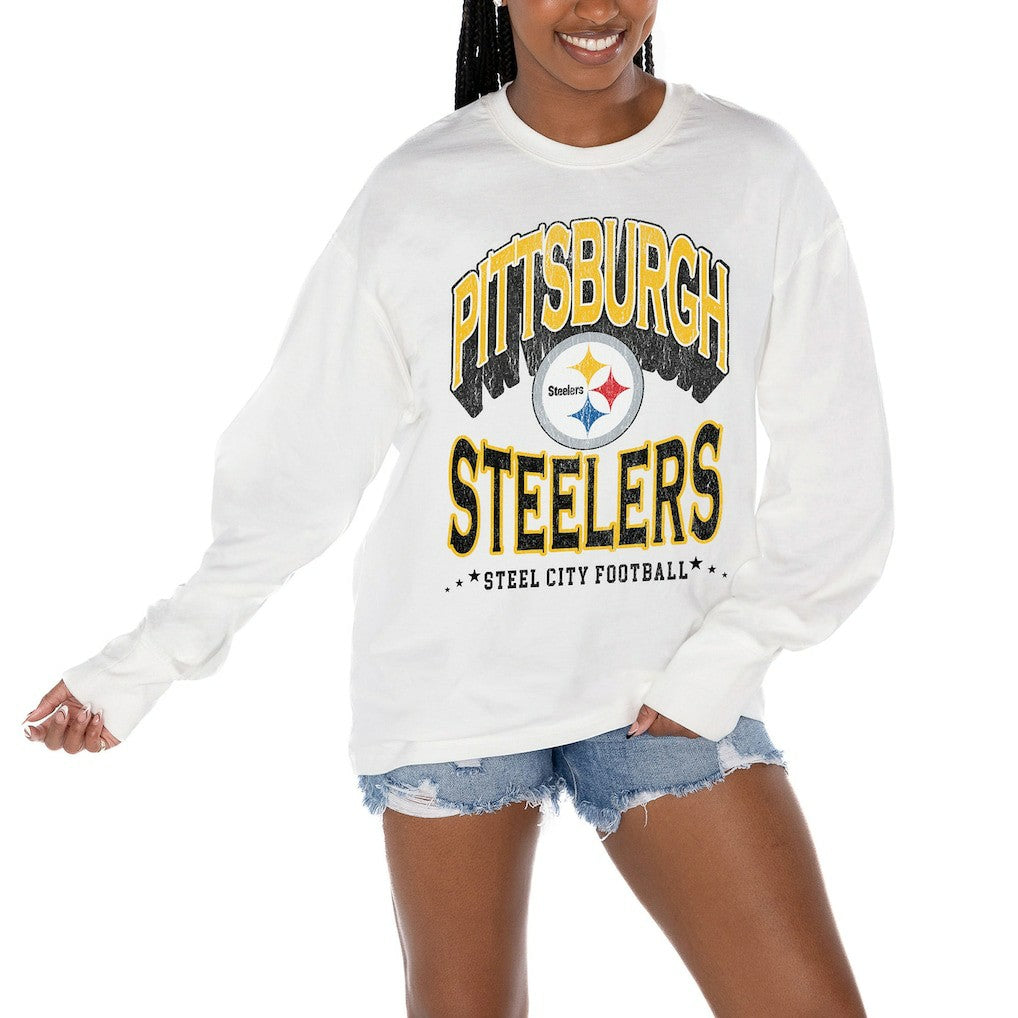 Pittsburgh Steelers Gameday Couture Women's Time Out Oversized Long Sleeve T-Shirt White - NFL