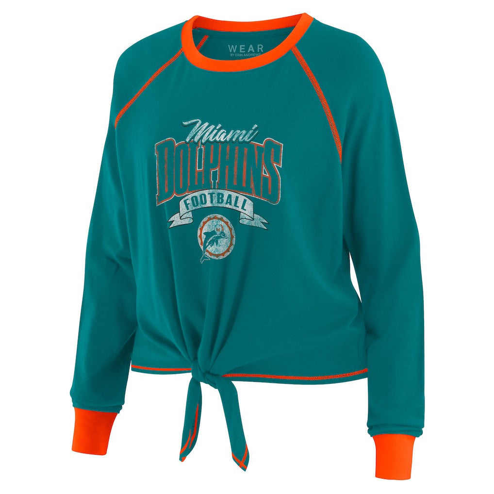 Miami Dolphins WEAR by Erin Andrews Women's Plus Size Tie-Front Long Sleeve Top Aqua/Orange - NFL