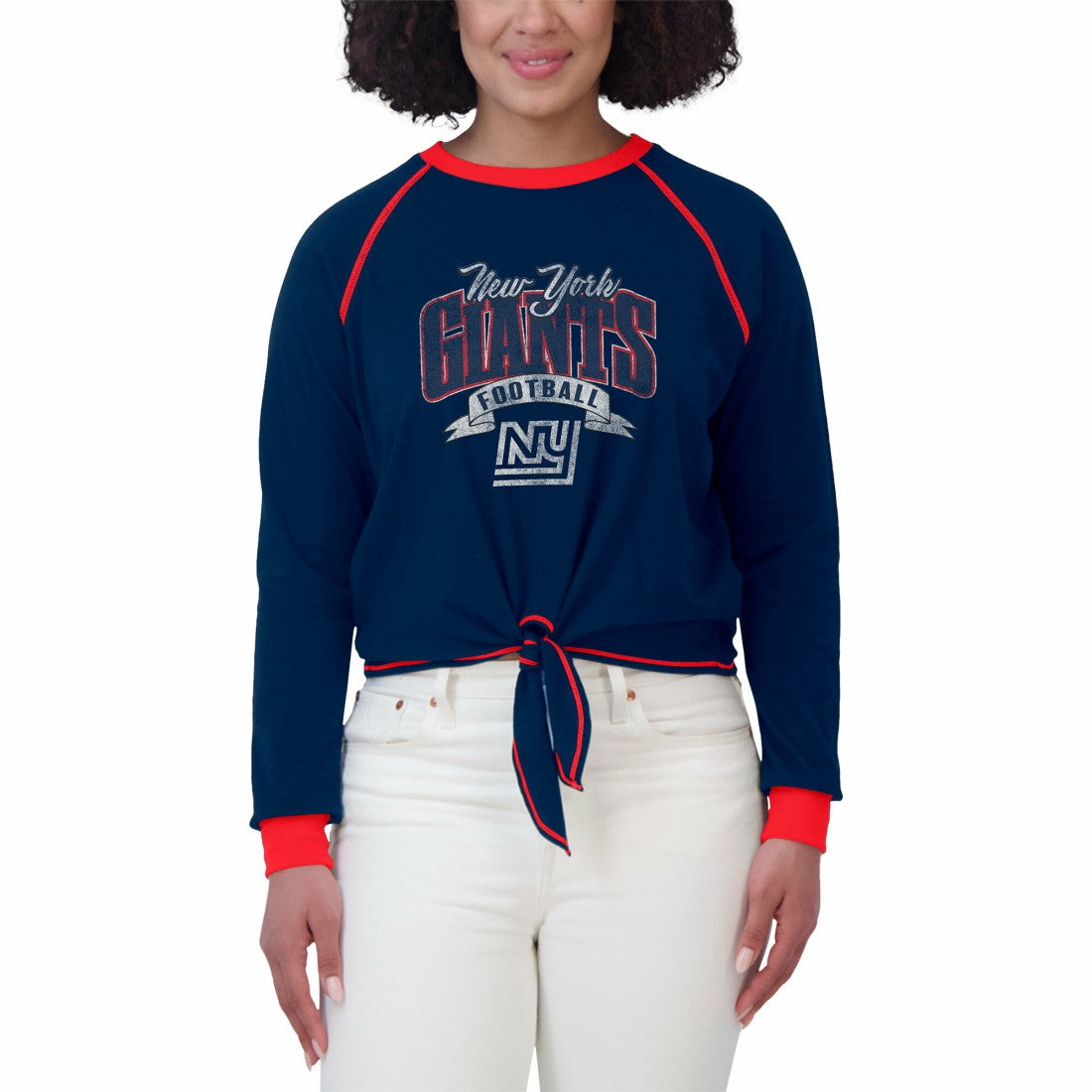 New York Giants WEAR by Erin Andrews Women's Plus Size Tie-Front Long Sleeve Top Royal/Red - NFL