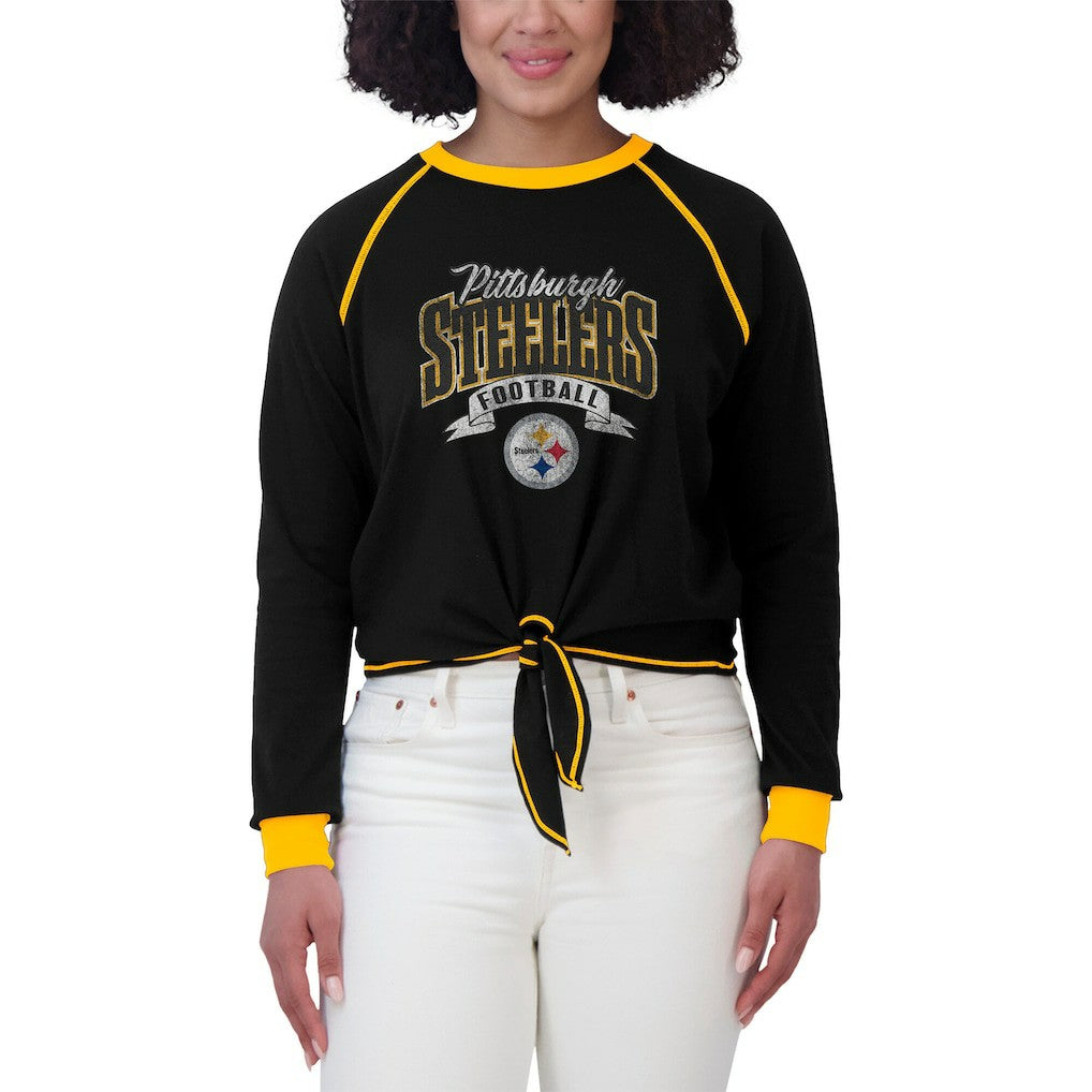 Pittsburgh Steelers WEAR by Erin Andrews Women's Plus Size Tie-Front Long Sleeve Top Black/Gold - NFL
