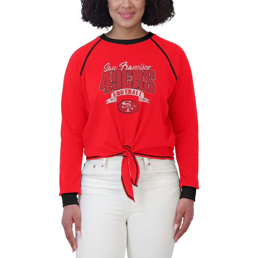 San Francisco 49ers WEAR by Erin Andrews Women's Plus Size Tie-Front Long Sleeve Top Scarlet/Black - NFL