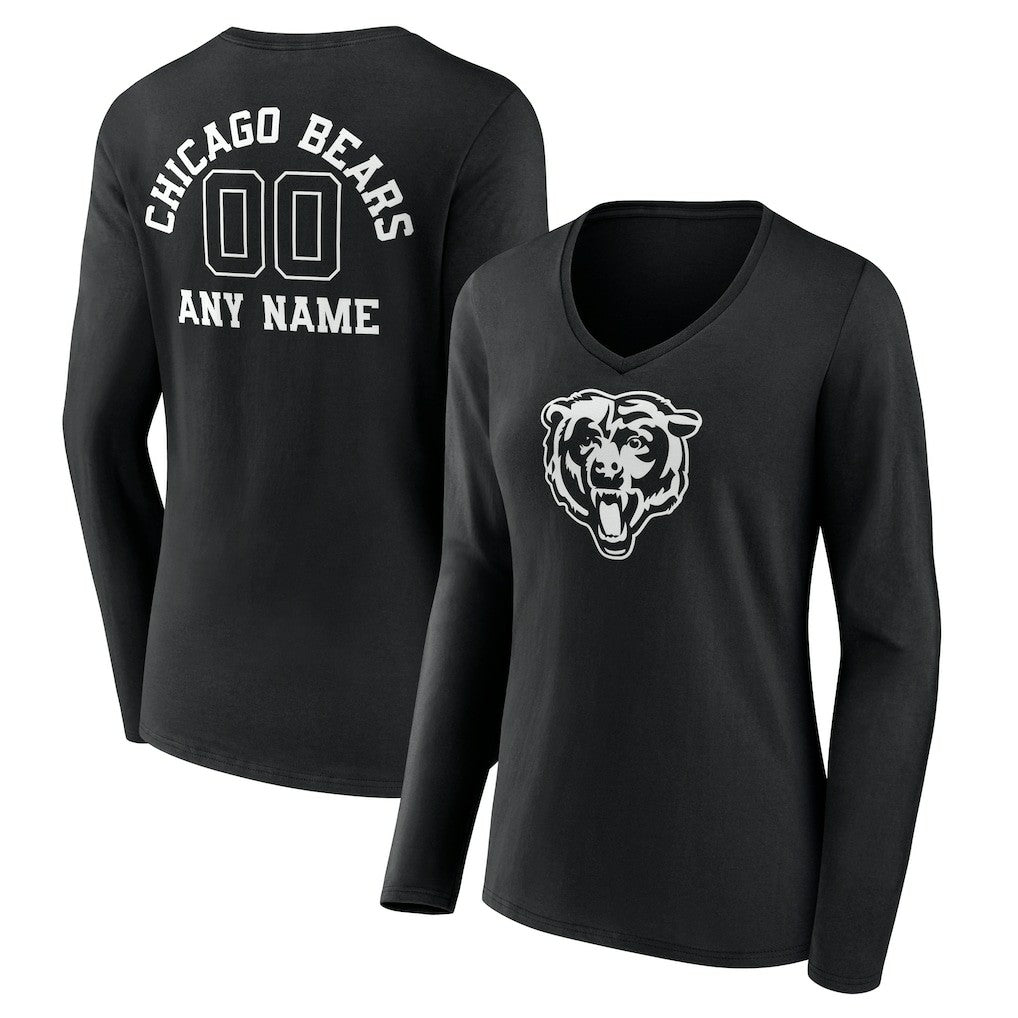 Chicago Bears Women's Personalized Name & Number Monochrome Long Sleeve V-Neck T-Shirt Black - NFL