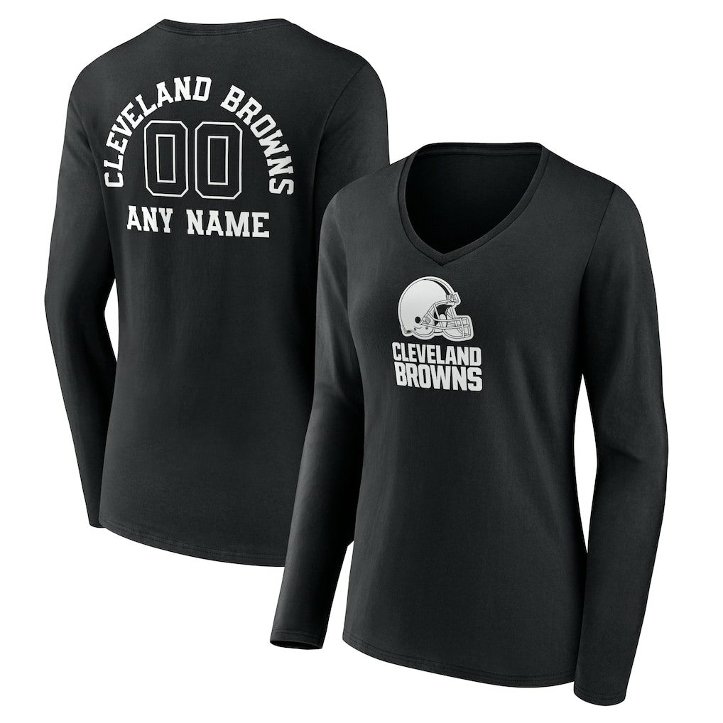 Cleveland Browns Women's Personalized Name & Number Monochrome Long Sleeve V-Neck T-Shirt Black - NFL