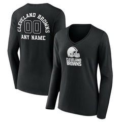 Cleveland Browns Women's Personalized Name & Number Monochrome Long Sleeve V-Neck T-Shirt Black - NFL